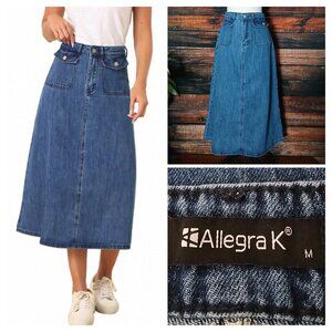 NWT Allegra K Midi Denim Skirt Size M A-Line Patch Pockets Blue Jean